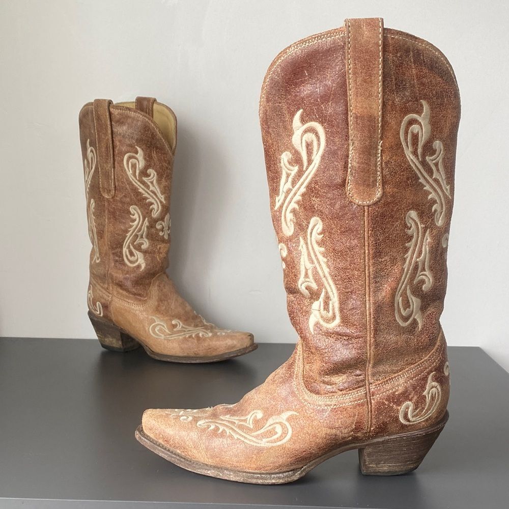 Corral Brown Leather Cream Color Stitching Embroidered Western Boots 7.5 Boho